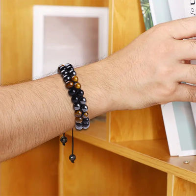 Pulseira de cura de cordas de pedra tripla feita à mão com duas camadas ajustáveis