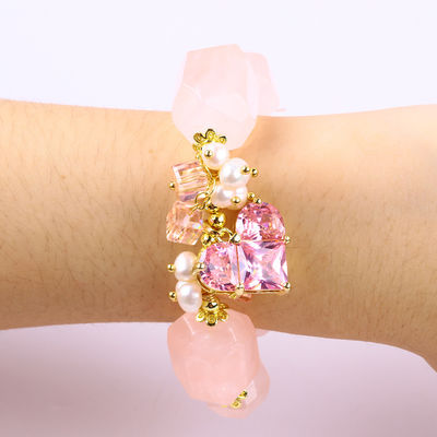 Pulseira de pedra preciosa feita à mão Encantadores ajustáveis Pulseira de quartzo rosa Pedra natural Jóias de pérola Para festa Usar diariamente