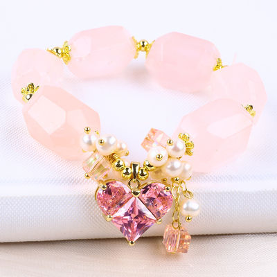 Pulseira de pedra preciosa feita à mão Encantadores ajustáveis Pulseira de quartzo rosa Pedra natural Jóias de pérola Para festa Usar diariamente