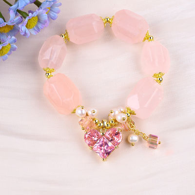 Pulseira de pedra preciosa feita à mão Encantadores ajustáveis Pulseira de quartzo rosa Pedra natural Jóias de pérola Para festa Usar diariamente