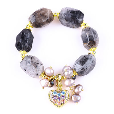 Pulseira de pedra preciosa feita à mão Charm ajustável preto Rutilato Quartz Pulseira de pedra natural Joias de pérola para uso diário