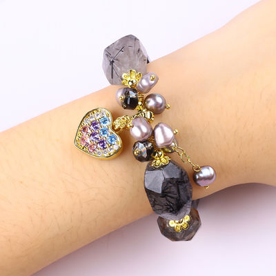 Pulseira de pedra preciosa feita à mão Charm ajustável preto Rutilato Quartz Pulseira de pedra natural Joias de pérola para uso diário