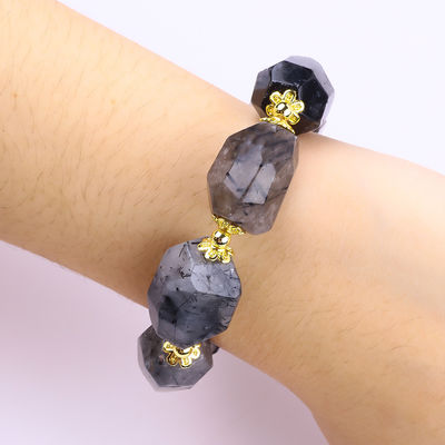 Pulseira de pedra preciosa feita à mão Charm ajustável preto Rutilato Quartz Pulseira de pedra natural Joias de pérola para uso diário