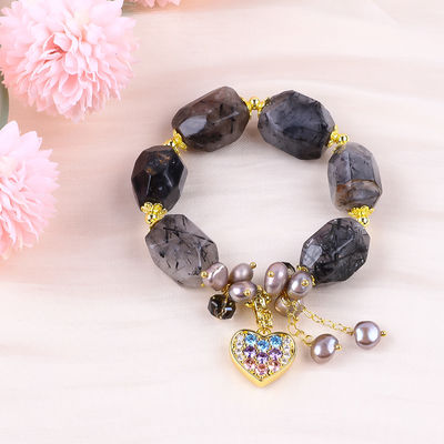 Pulseira de pedra preciosa feita à mão Charm ajustável preto Rutilato Quartz Pulseira de pedra natural Joias de pérola para uso diário