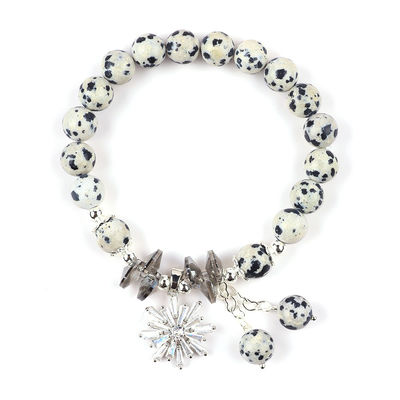 Pedra preciosa personalizada 8mm Jáspero redondo de Dalamatação com Floco de Neve Pulseira de contas encantadora para dar presente