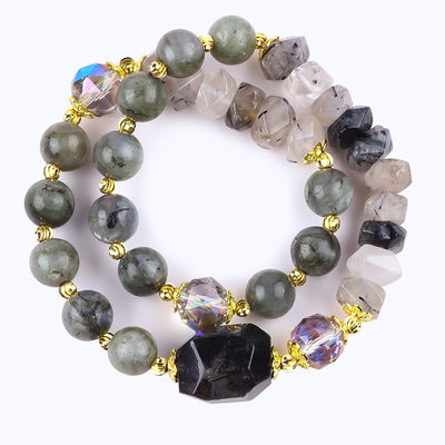 Bracelete de pérolas de labradorite feito à mão multifacetado e redondo de camada dupla para dar presentes