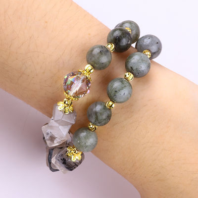 Bracelete de pérolas de labradorite feito à mão multifacetado e redondo de camada dupla para dar presentes