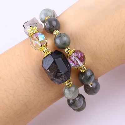 Bracelete de pérolas de labradorite feito à mão multifacetado e redondo de camada dupla para dar presentes
