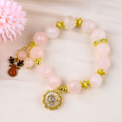 Pulseira feita à mão de pedras preciosas com pérolas de rosa natural de quartzo de girafa ajustável Pulseira de charme para festa