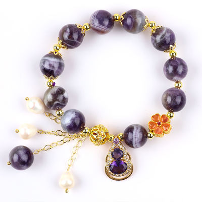 Pulseira feita à mão de pedras preciosas com contas Amethyst natural Amêndoa ajustável para festas