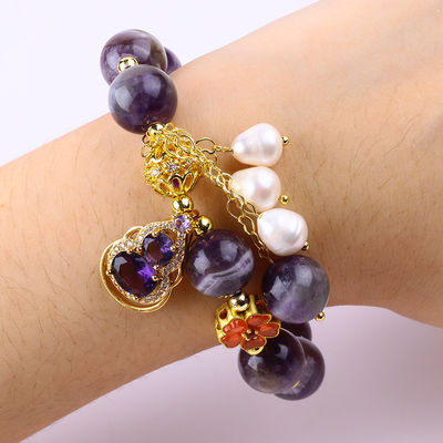 Pulseira feita à mão de pedras preciosas com contas Amethyst natural Amêndoa ajustável para festas