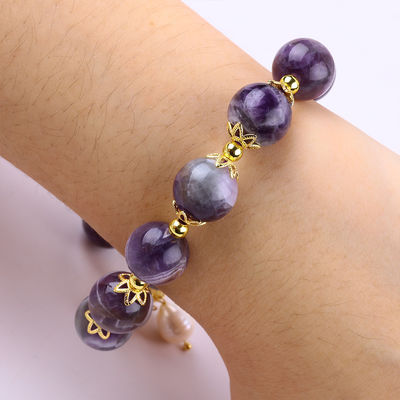 Pulseira feita à mão de pedras preciosas com contas Amethyst natural Amêndoa ajustável para festas