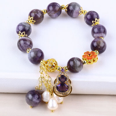 Pulseira feita à mão de pedras preciosas com contas Amethyst natural Amêndoa ajustável para festas