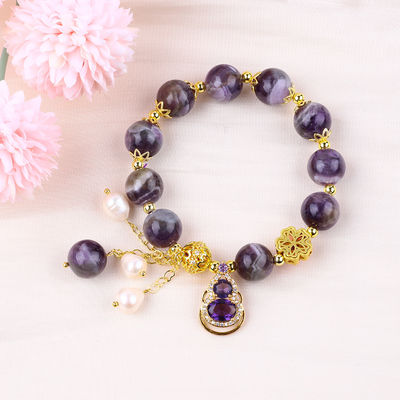 Pulseira feita à mão de pedras preciosas com contas Amethyst natural Amêndoa ajustável para festas