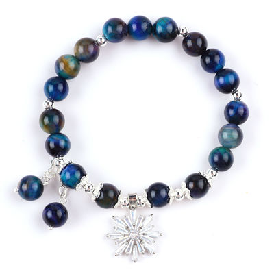 Cristal de pedra preciosa 8mm Rainbow Tiger Eye Com Floco de Neve Charm Stretch Bracelet Para Dar Presente