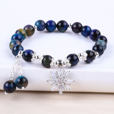 Cristal de pedra preciosa 8mm Rainbow Tiger Eye Com Floco de Neve Charm Stretch Bracelet Para Dar Presente