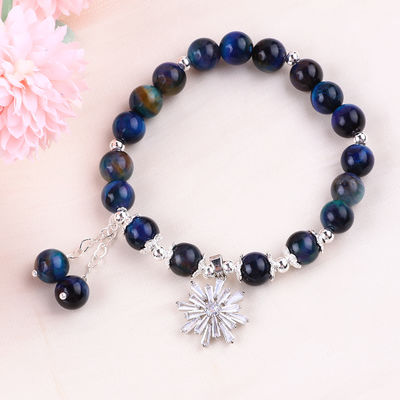 Cristal de pedra preciosa 8mm Rainbow Tiger Eye Com Floco de Neve Charm Stretch Bracelet Para Dar Presente