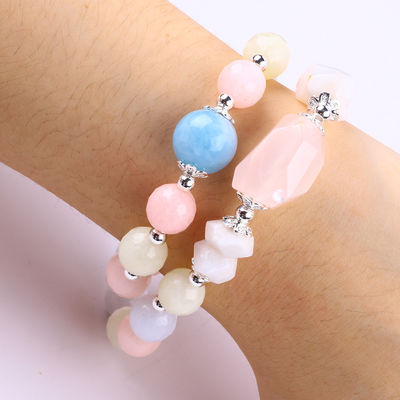 Morganite Manual DIY Dupla Camada Cristal Natural Multifactor Bracelete de contas redondas Para o presente