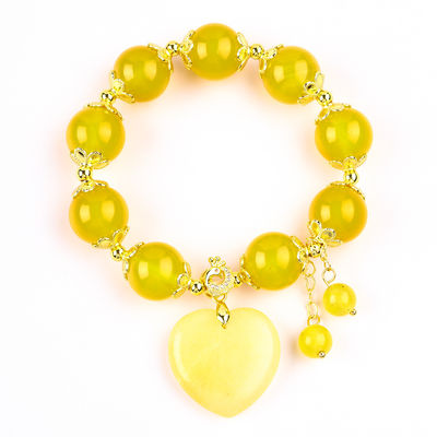14MM Energia Natural Calcedônio Amarelo Com Coração de Jade Amarelo Escultura Pulseira de Cristal de Bolas de Sorte