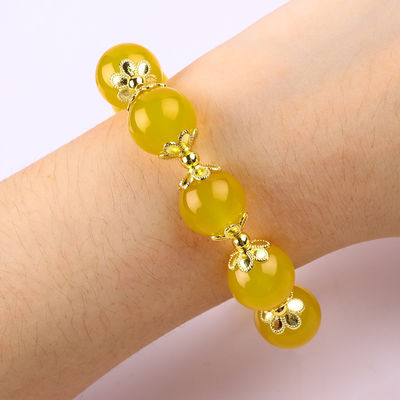 14MM Energia Natural Calcedônio Amarelo Com Coração de Jade Amarelo Escultura Pulseira de Cristal de Bolas de Sorte