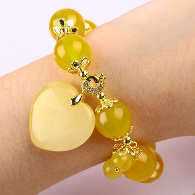 14MM Energia Natural Calcedônio Amarelo Com Coração de Jade Amarelo Escultura Pulseira de Cristal de Bolas de Sorte