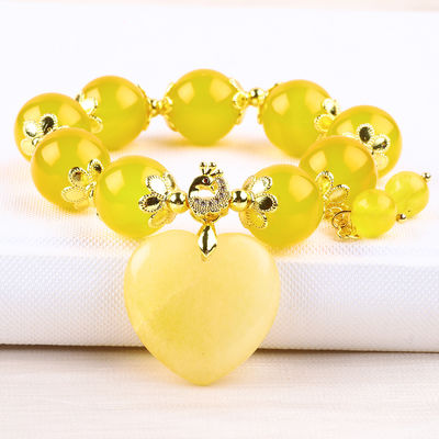 14MM Energia Natural Calcedônio Amarelo Com Coração de Jade Amarelo Escultura Pulseira de Cristal de Bolas de Sorte