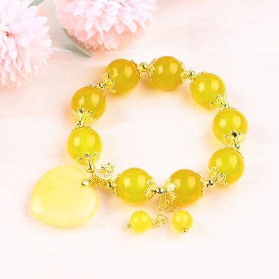 14MM Energia Natural Calcedônio Amarelo Com Coração de Jade Amarelo Escultura Pulseira de Cristal de Bolas de Sorte