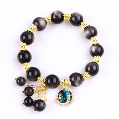 Pedra genuína 12 mm Obsidiano Prateado Estrela Redonda Com Encanto de Lua Pulseira de Cristal