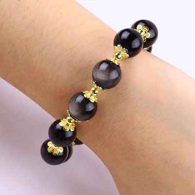 Pedra genuína 12 mm Obsidiano Prateado Estrela Redonda Com Encanto de Lua Pulseira de Cristal