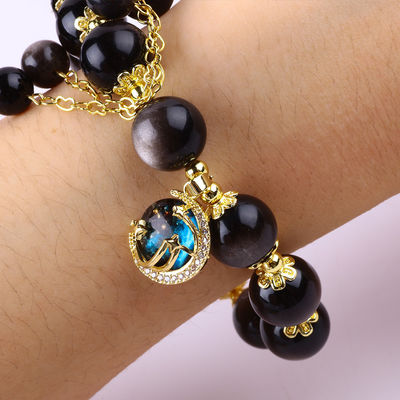 Pedra genuína 12 mm Obsidiano Prateado Estrela Redonda Com Encanto de Lua Pulseira de Cristal