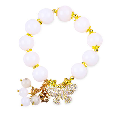Natural Agate Branco 14MM Cristal Círculo Único Cordel de Mão Borboleta Bracelete de Encanto Para Presente