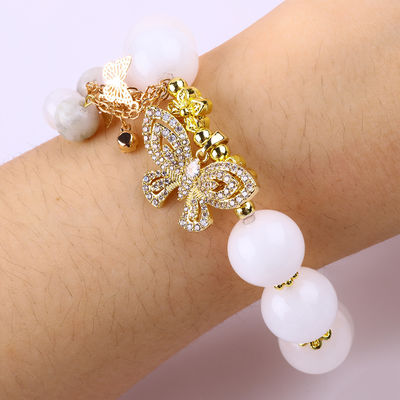 Natural Agate Branco 14MM Cristal Círculo Único Cordel de Mão Borboleta Bracelete de Encanto Para Presente