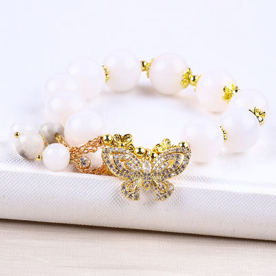 Natural Agate Branco 14MM Cristal Círculo Único Cordel de Mão Borboleta Bracelete de Encanto Para Presente