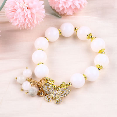 Natural Agate Branco 14MM Cristal Círculo Único Cordel de Mão Borboleta Bracelete de Encanto Para Presente
