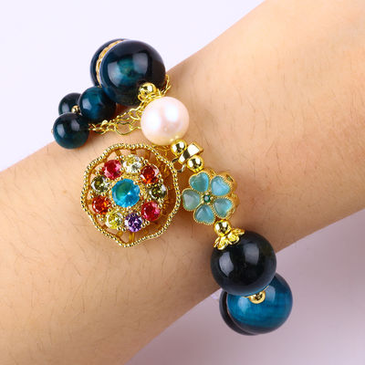 14MM Curador de Energia Cristal Azul Olho de Tigre Flor Spinner Charm Bead Bracelet Para Uso Diário