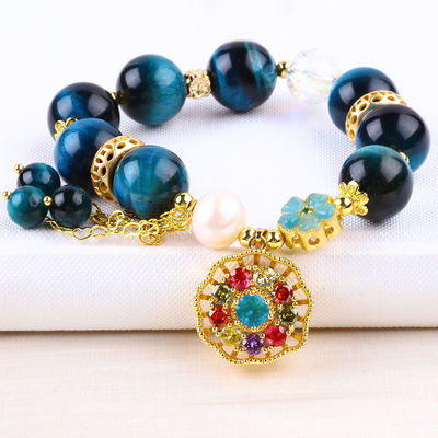 14MM Curador de Energia Cristal Azul Olho de Tigre Flor Spinner Charm Bead Bracelet Para Uso Diário