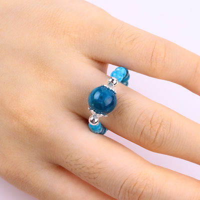Anel de 4 mm feito à mão de pedras preciosas com contas Anel ajustável de pedra azul de apatite Anel para festa uso diário