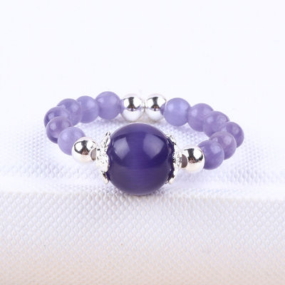 Anel de 4 mm feito à mão de pedra preciosa de contas ajustável Elastico Roxo Anel de pedra do olho de gato para festa uso diário