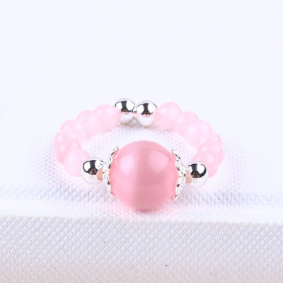 Anel de 4 mm feito à mão de pedra preciosa de contas ajustável Elastico Rosa Anel de pedra do olho de gato para festa Usar diariamente