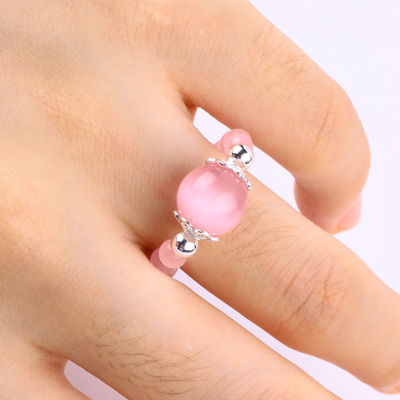 Anel de 4 mm feito à mão de pedra preciosa de contas ajustável Elastico Rosa Anel de pedra do olho de gato para festa Usar diariamente