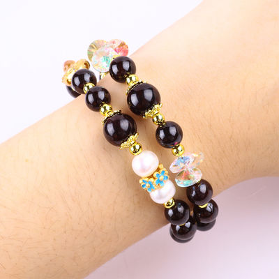Custom DIY 8mm granate e pérola branca com flor espaçador de contas bracelete duplo para uso diário