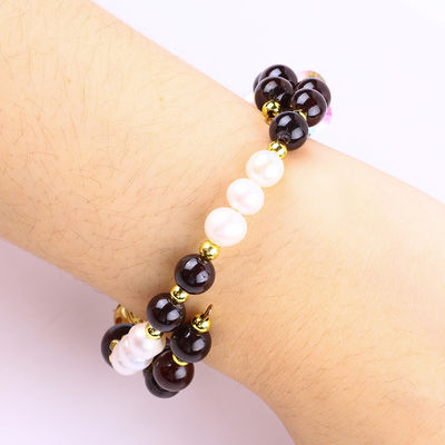 Custom DIY 8mm granate e pérola branca com flor espaçador de contas bracelete duplo para uso diário