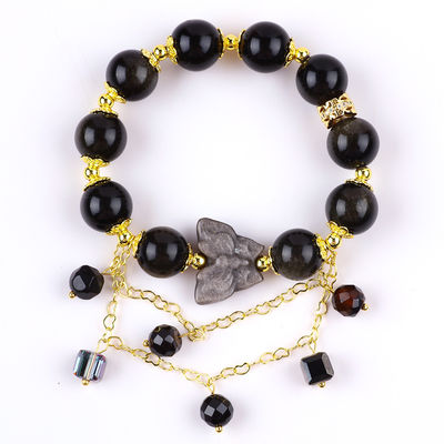 Pedra semipreciosa Obsidiana dourada com prata Obsidiana borboleta forma redonda pulseira de contas