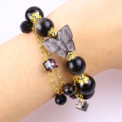Pedra semipreciosa Obsidiana dourada com prata Obsidiana borboleta forma redonda pulseira de contas