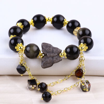 Pedra semipreciosa Obsidiana dourada com prata Obsidiana borboleta forma redonda pulseira de contas