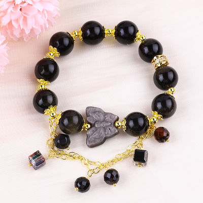 Pedra semipreciosa Obsidiana dourada com prata Obsidiana borboleta forma redonda pulseira de contas