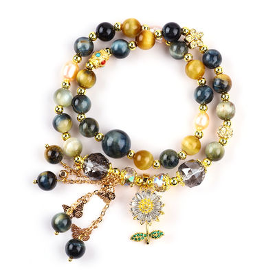Unico 8MM com O Olho de Tigre Sonho SolFlower Spinner Charm Blessing Crystal Double Layer Bracelet