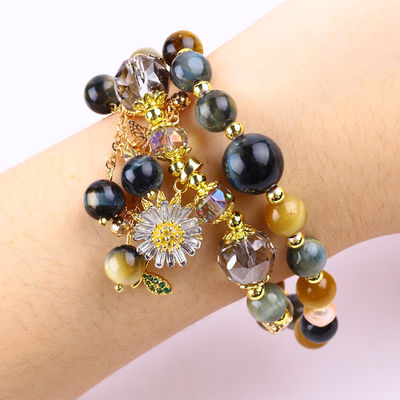 Unico 8MM com O Olho de Tigre Sonho SolFlower Spinner Charm Blessing Crystal Double Layer Bracelet