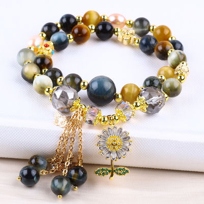 Unico 8MM com O Olho de Tigre Sonho SolFlower Spinner Charm Blessing Crystal Double Layer Bracelet