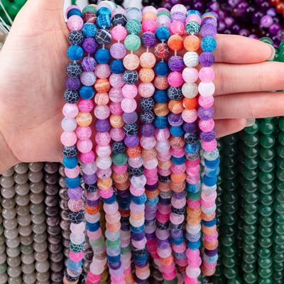 Arco-íris Agate climatizado fio de contas soltas Pedra semi-preciosa Matt Frosted Agate rachado para fazer jóias DIY